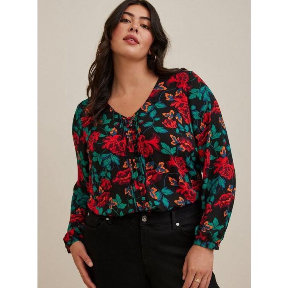Torrid Blouse Georgette Pintuck Button-Front Long Sleeve Floral Black Red Green